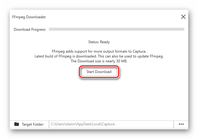 Начать загрузку кодека для записи видео с экрана в программе Captura для Windows 10